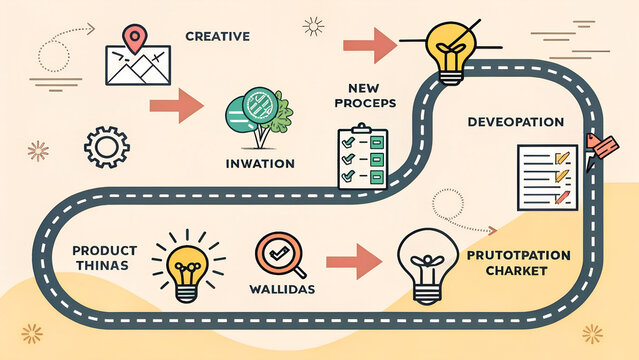Creative idea generation for new product development concept. Creative thinking and innovation. Roadmap with stages of innovation icons, generating creative idea process for product developmement.