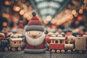 Jolly Santa with a fluffy white beard wearing a classic red costume, surrounded by wooden toys, soft ambient lighting creating a nostalgic holiday mood