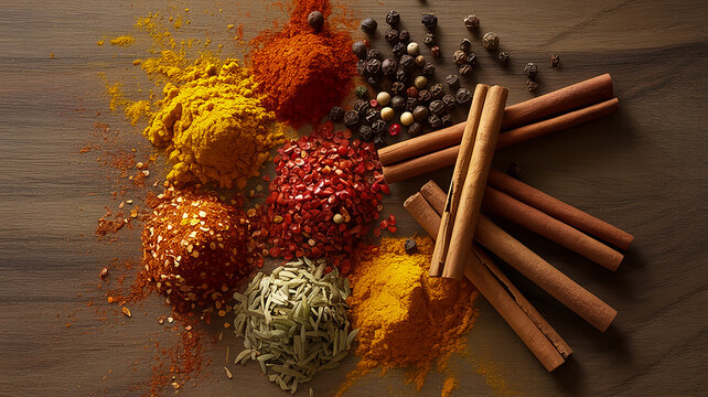 Assortment of Spices and Cinnamon Sticks on Wooden Surface