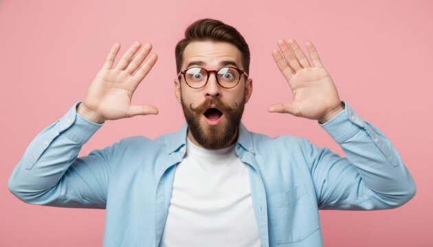 Shocked bearded man with glasses and mustache looks at the camera with his mouth open and hands raised in disbelief, wearing a blue shirt on a pink studio background