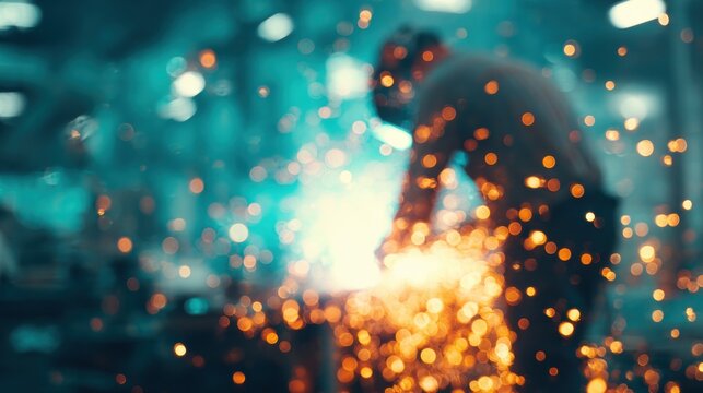 Craftsman welds metal in workshop creating sparks and focused light at night