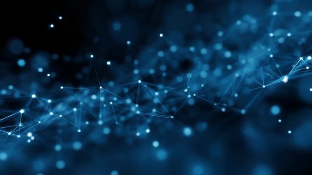 Digital network with glowing blue nodes and connecting lines in an abstract design representing technology and innovation - Powered by Adobe