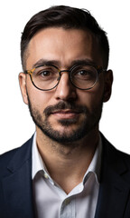 Obraz premium A White male leader with a short beard and round glasses, his focused expression surrounded by glowing energy lines, symbolizing