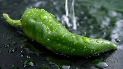 A green pepper with water droplets on it. The pepper is on a black surface. The pepper is cut off at the top