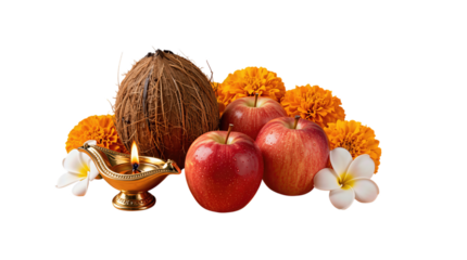 Traditional Diwali Decoration with Coconut, Apples, and Flowers