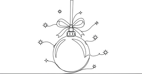 Simple Linear Christmas Card with Ribbon Bauble and Star Motif.