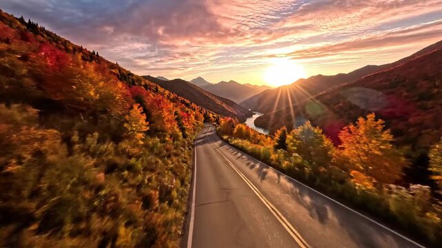 Open country road winding through vibrant autumn forest at sunrise golden hour