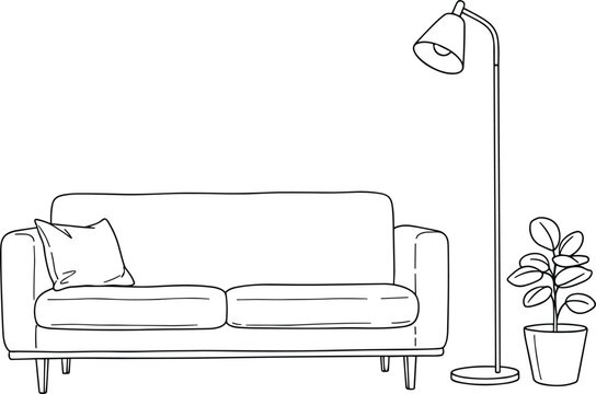 Simple Scandinavian Style Sofa and Lamp Line Drawing.
