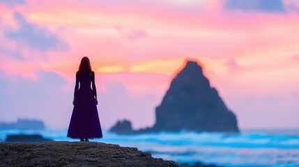 Woman in black dress gazes at sunset over rocky ocean shore