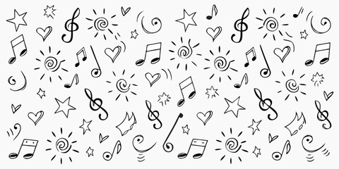 Hand drawn doodle pattern with music notes stars hearts and sun