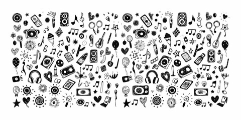Hand drawn doodle pattern with music party and celebration elements