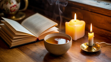 Cozy Evening With Book Tea And Candles o41v2lbpsfsnqqub