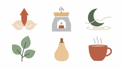 Collection of minimalist wellness and relaxation icons featuring nature elements, aromatherapy diffuser, moon, and hot drink.