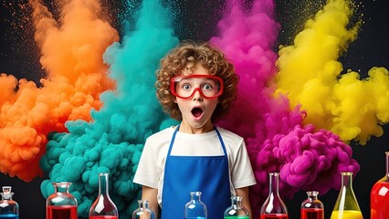 Young boy with curly hair and glasses, surrounded by colorful smoke and glass beakers, expresses excitement in a vibrant chemistry classroom setting with engaging visual elements