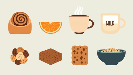 A collection of breakfast and snack items including a cinnamon roll, orange, coffee, milk, nuts, brownie, cookie, and cereal.