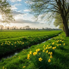 Obraz premium Spring Meadow with Yellow Daffodils and Canal