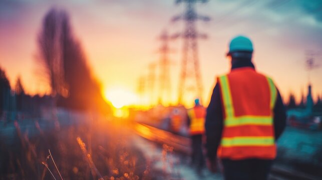 Workers walking along train tracks during sunset near power lines
