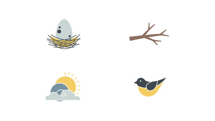 Fototapeta premium A collection of nature-themed icons featuring a bird's nest with an egg, a tree branch, a sun with clouds, and a small bird.