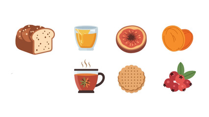 A collection of breakfast and snack items including bread, juice, fruit, a hot drink, a cookie, and berries on a white background.