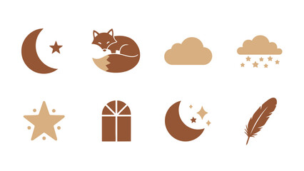 Collection of brown icons featuring a crescent moon, fox, cloud, star, window, and feather.