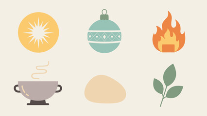 A collection of six diverse flat design icons including a sun, ornament, fire, soup bowl, abstract shape, and leaves.