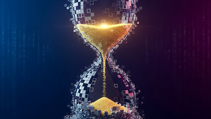Hourglass with water and light emanating symbolizing time flow and transience
