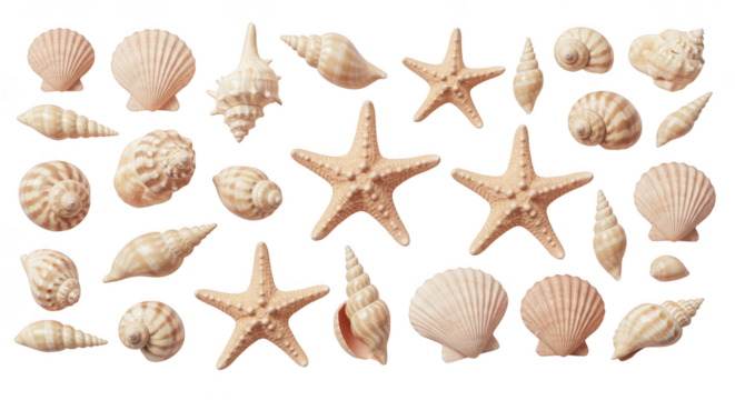 Collection of assorted seashells and starfish isolated on transparent background
