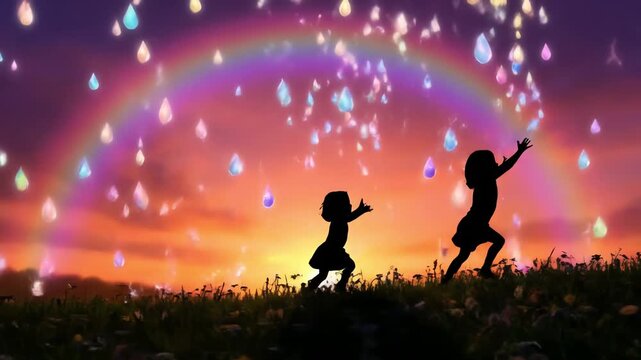 Children chasing magical glowing raindrops under a rainbow at sunset.
