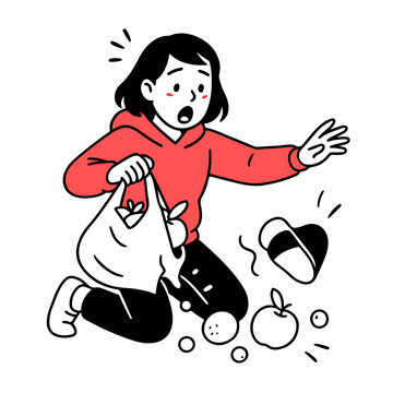 Girl with Torn Shopping Bag Dropping Groceries on Floor Slice of Life Illustration