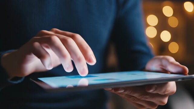 Close up of person using finger to touch screen of digital tablet device in dark environment with bokeh light background