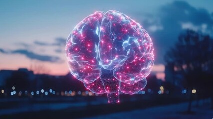 Glowing pink and blue neural network brain overlayed on a blurred twilight cityscape. Use for AI, technology, neurology, future, or urban science blogs/sites. - Powered by Adobe
