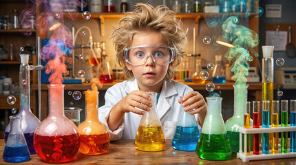 Young boy in a lab coat, surrounded by colorful beakers and flasks, is conducting an exciting chemistry experiment in a classroom setting with vibrant smoke effects
