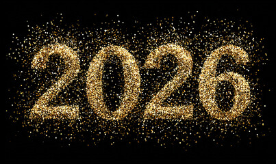Golden glitter forming the year twenty twenty six on a dark black background
