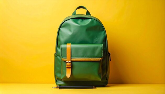 “Green backpack with front pocket on yellow background”