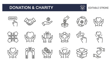 A comprehensive collection of outline vector icons depicting various aspects of donation and charity, illustrating concepts like giving, community support, and philanthropy for digital use