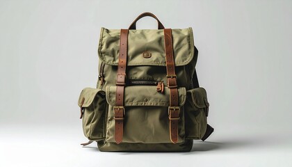 “Olive-green hiking backpack with leather straps on dark surface”