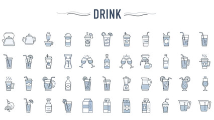 Set of various beverage icons representing different kinds of drinks and drinks-related equipment