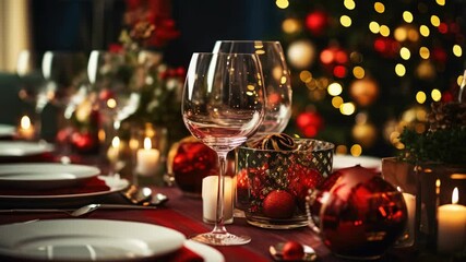 A festive dinner table set up for a Christmas celebration, featuring red napkins, candles, ornaments, and wine glasses. - Powered by Adobe