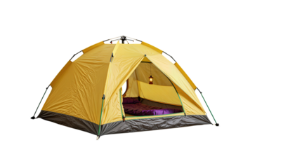 Yellow Camping Tent With Open Door and Sleeping Bag Inside