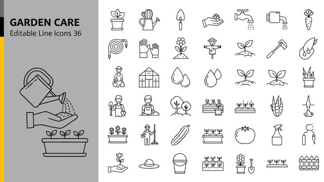 Comprehensive Collection of Editable Line Icons for Gardening and Plant Care Essential Tools, Cultivation, and Horticultural Elements for Nature Enthusiasts