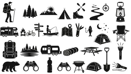 A comprehensive sheet of monochrome icons representing outdoor camping, hiking, and wilderness adventure activities