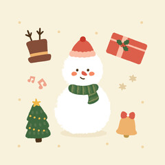 Cute Snowman with Christmas Tree and Gift Box, Holiday Elements Clip Art