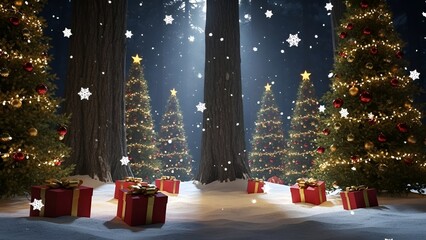 “A serene snowy forest illuminated by Christmas trees wrapped in red and golden garlands. Star-shaped snowflakes sparkle as they fall beside red holiday gift boxes. The scene carries a subtle regretfu