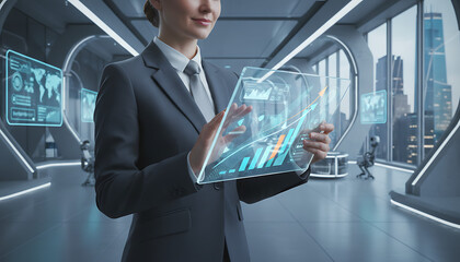 Confident businesswoman analyzes data insights on futuristic digital display