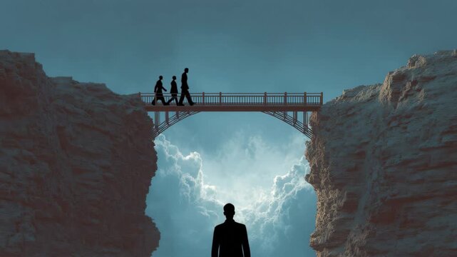 Bridge connecting two rocky cliffs under a cloudy sky at dawn creating a stunning natural landscape