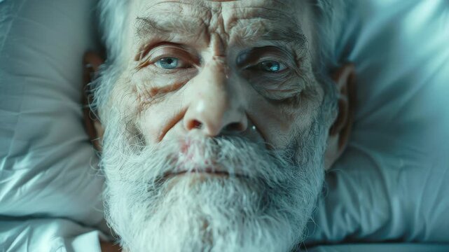 A close-up of an elderly man with a long white beard, lying in bed and looking directly at the camera.