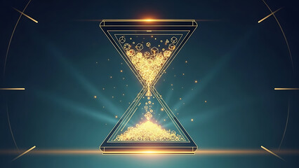 Abstract hourglass with golden particles flowing through time