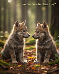 Two wolf pups sitting together