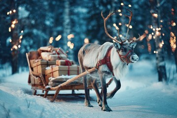 A reindeer adorned with a red harness, gracefully pulling a classic wooden sleigh overflowing with wrapped presents, soft twilight glow creating a magical atmosphere