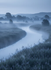 Fototapeta premium Serene river winding through misty landscape at dawn, creating a calming scene